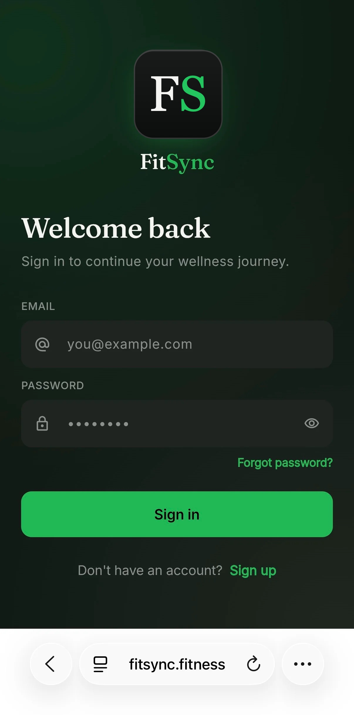 FitSync sign-in screen open in Safari on iPhone