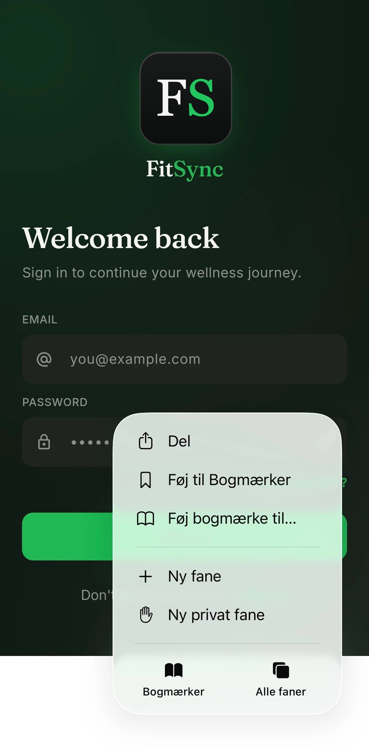 Safari context menu showing Share, Add Bookmark, New Tab