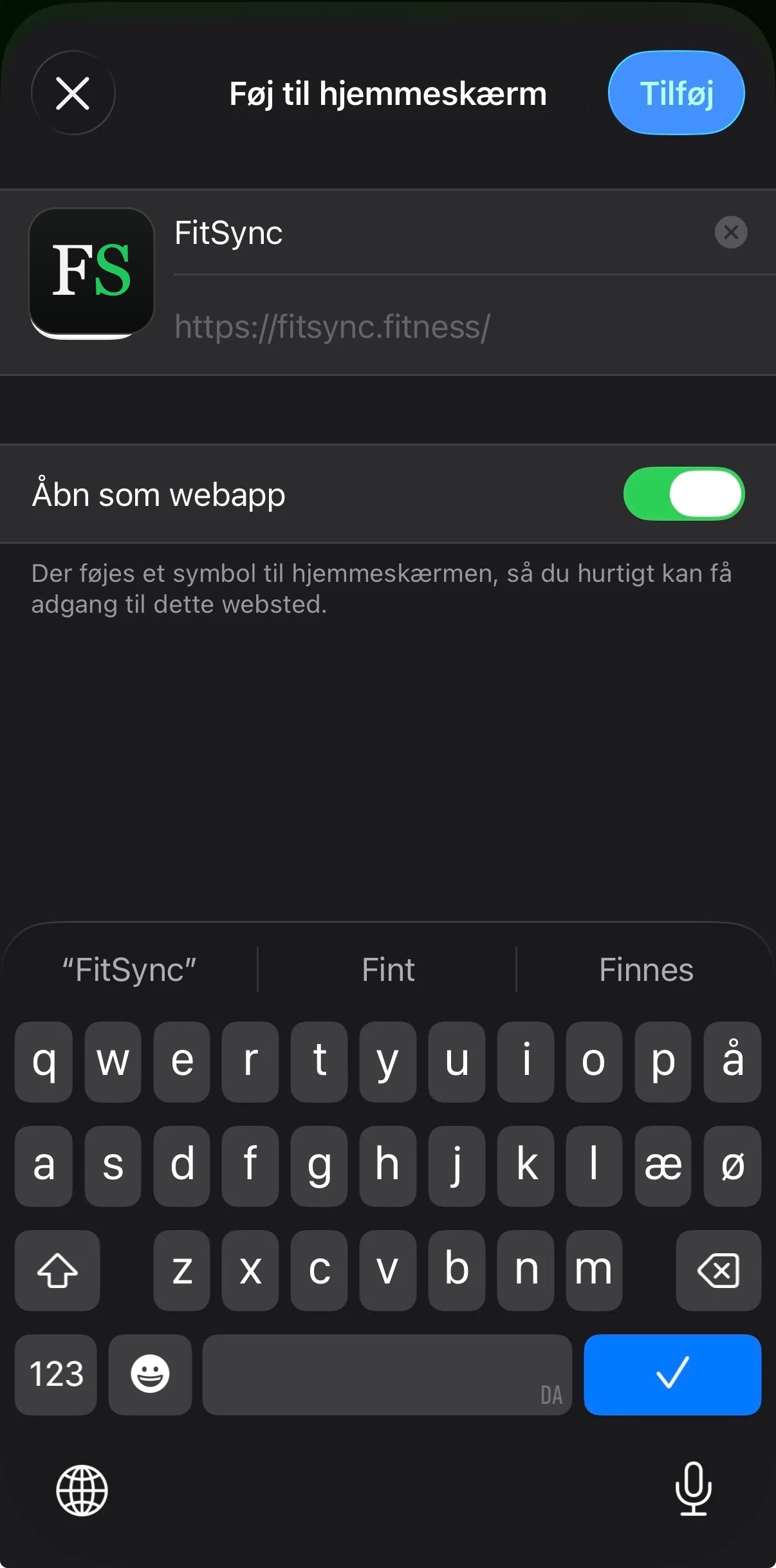 iOS Add to Home Screen confirmation showing the FitSync icon and the Add button